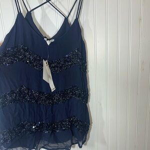 NEW Willow & Clay Top Blouse Navy Blue Sequin Spaghetti Strap Tank XS X Small